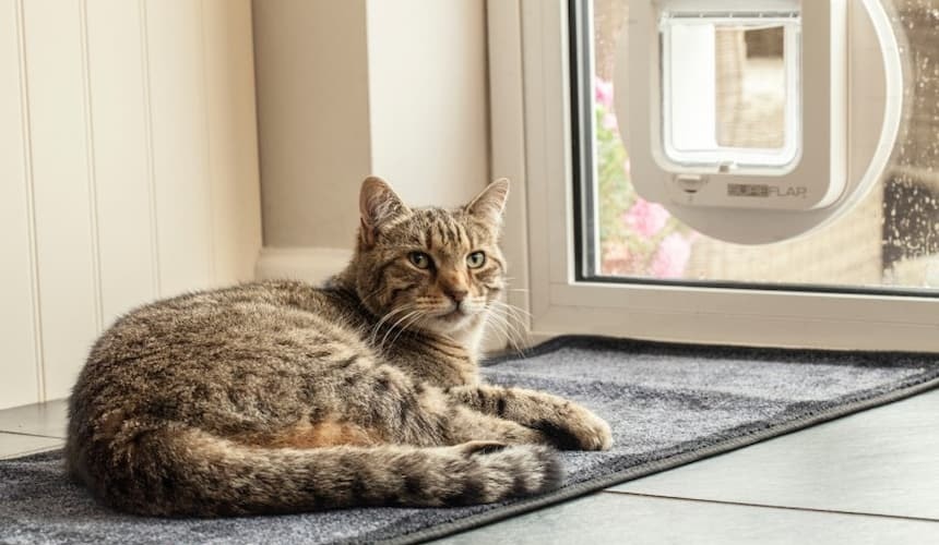 Katze liegt vor der Tür Katze liegt vor einer Glastüre mit Katzenklappe nach außen
