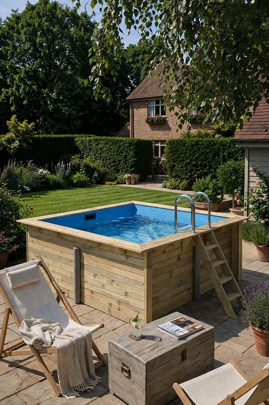 Kleiner quadratischer Pool auf Terrasse in gepflegtem Garten