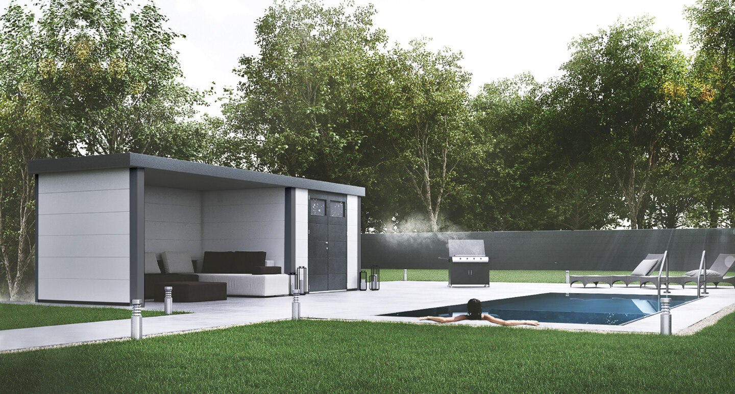 Wolff Finnhaus Metallgerätehaus Eleganto 2724 mit Lounge Anbau