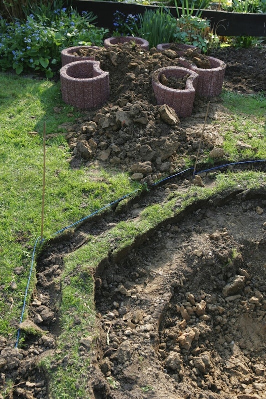 Teichbau Schritt 6: Der Bachlauf wird mit Erde und Pflanzringen geformt. 6 Pflanzringe und der Aushub aus der Teichgrube formen den Berg des Bachlaufes.