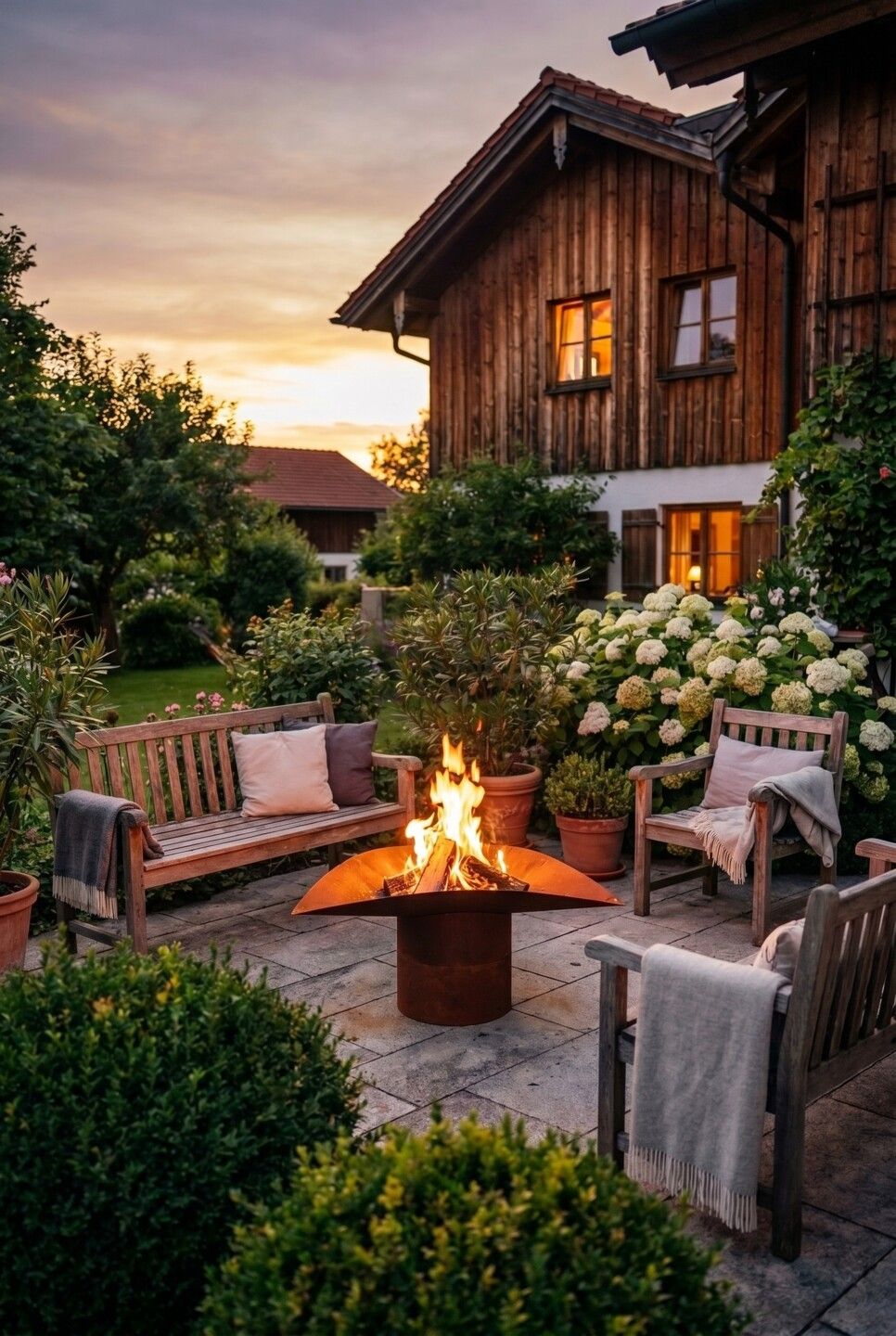Skulpturale Feuerschale aus Cortenstahl auf Terrasse in Landhausgarten