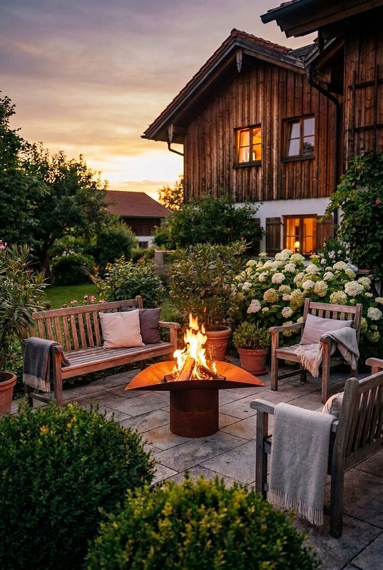 Skulpturale Feuerschale aus Cortenstahl auf Terrasse in Landhausgarten
