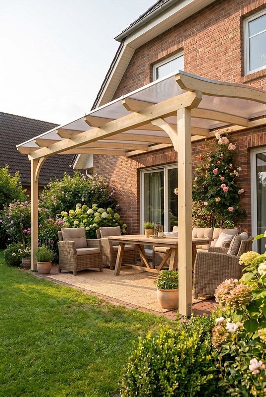 Holz-Terrassenüberdachung ohne Mittelpfosten über einer Gartenlounge