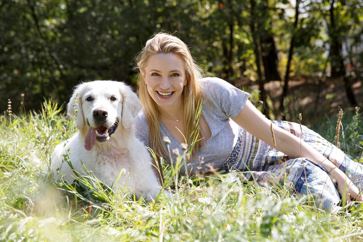 Frau und uhr Golden retriever liegen auf einer SOmmerwiese