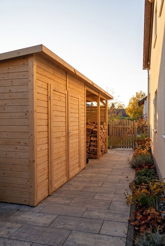 Ein Gartenhaus schützt Brennholz unter dem offenen Anbaudach