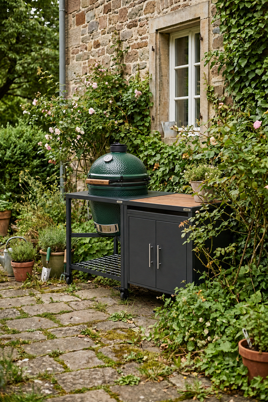 Modulare Außenküche mit Grill, Arbeitsflächen und Stauraum in romantischem Garten