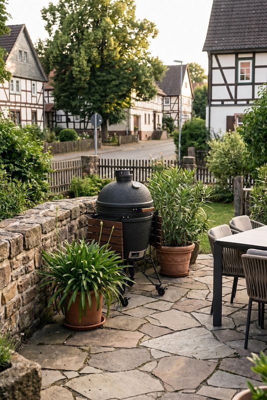 Keramikgrill auf robusten Steinplatten als Untergrund
