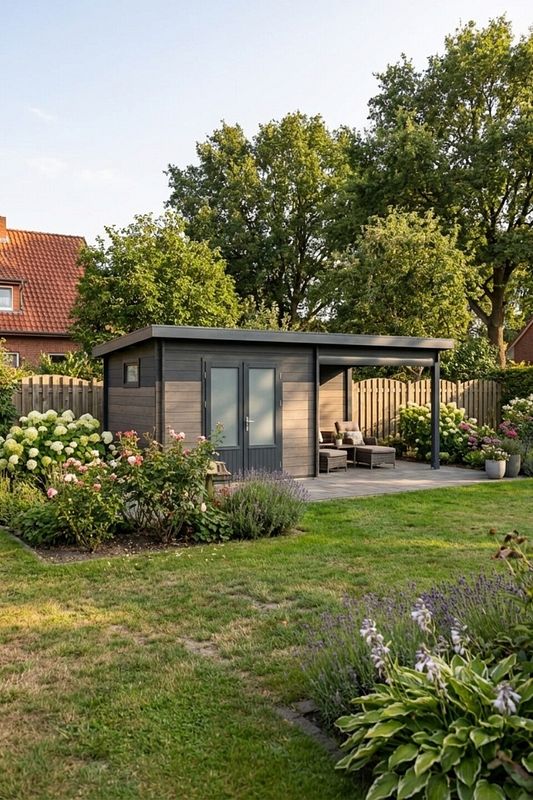 Gartenhaus mit Flachdach und überdachter Terrasse im blühenden Garten