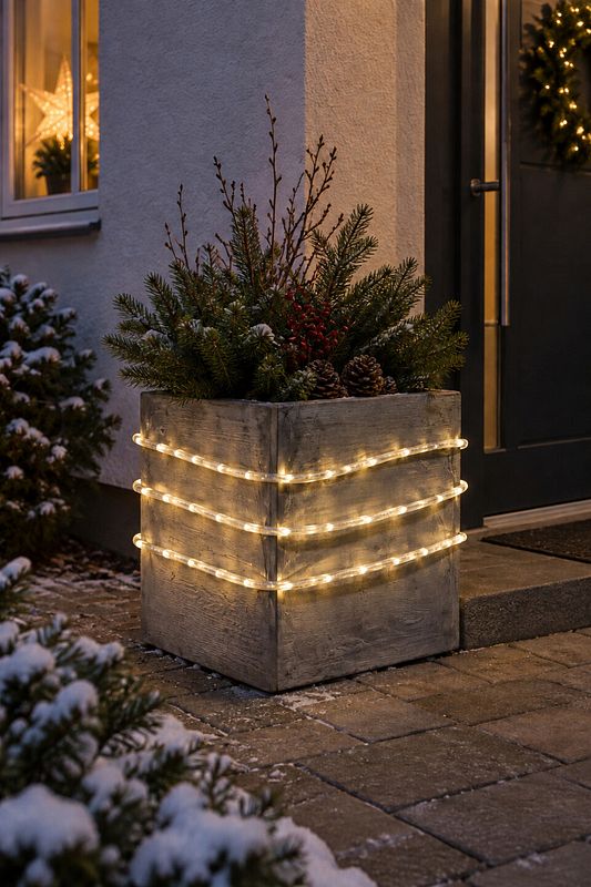 Lichterschlauch hebt die Form eines Pflanzgefäßes auf einer Terrasse hervor