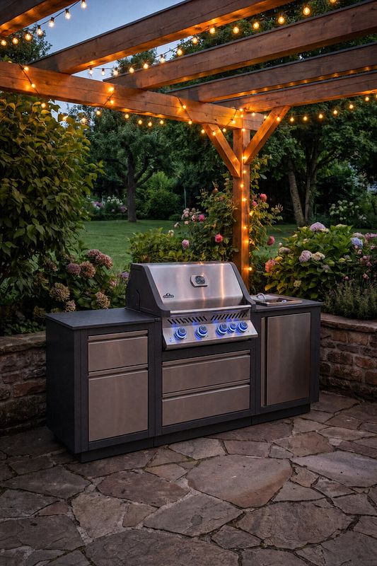 Beleuchteter Grillbereich mit Gasgrill und Lichterkette am Abend