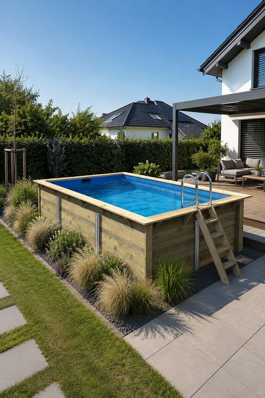 Modernes Haus mit Aufstellpool aus Holz im Garten verziert mit Gräsern
