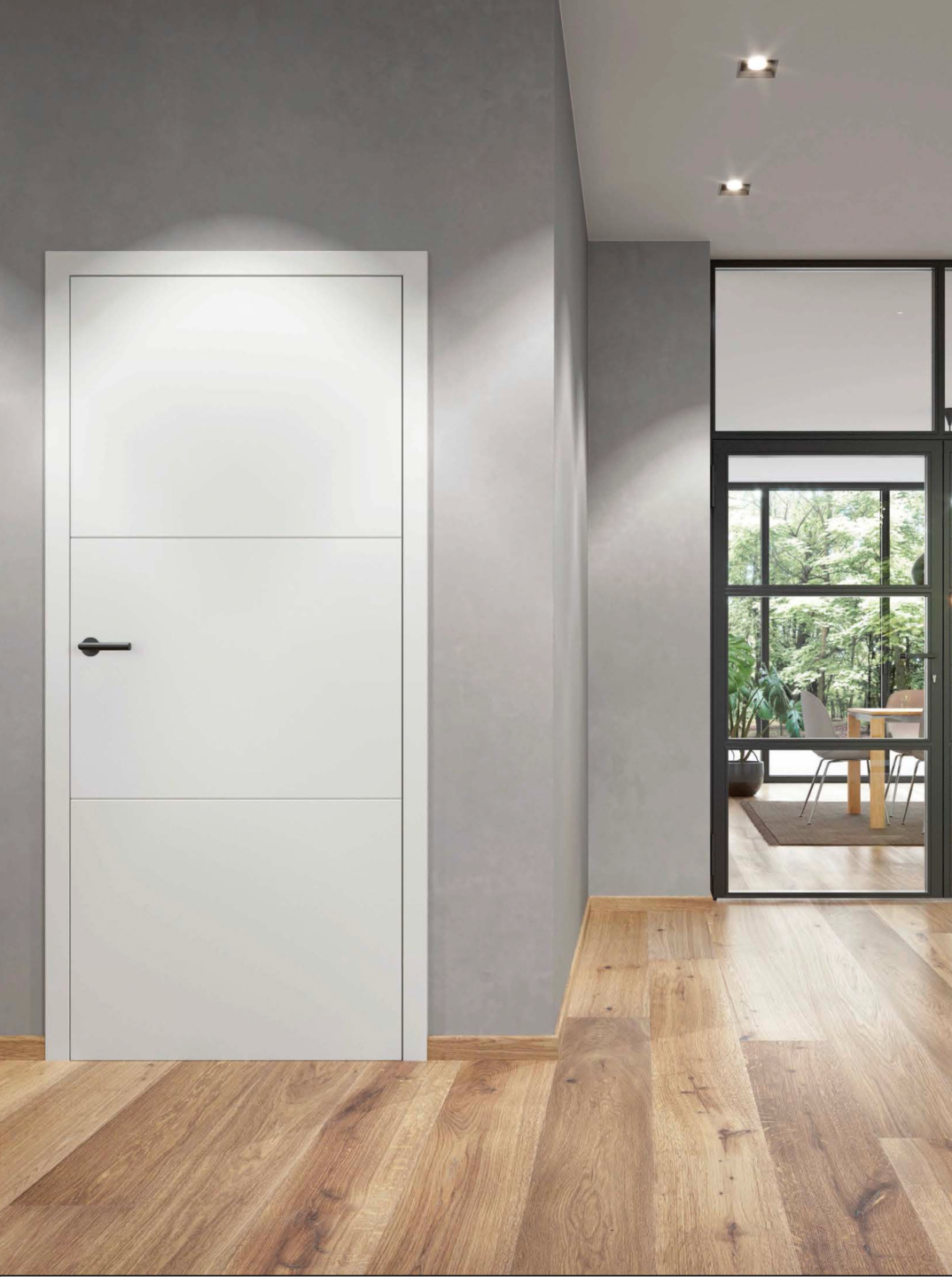 Eine schlichte weiße Zimmertür mit zwei eleganten Zierstreifen und einem schwarzen Türgriff