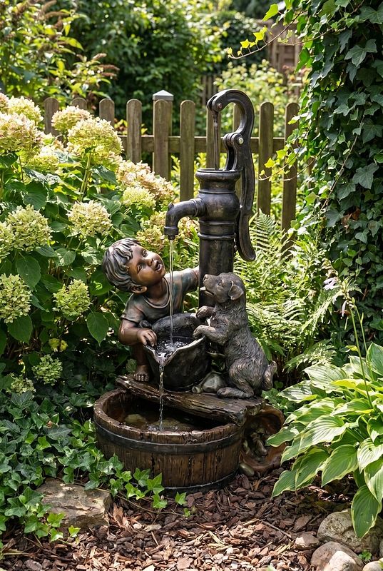 Junge und Hund trinken an einem Wasserspiel mit alter Gartenpumpe