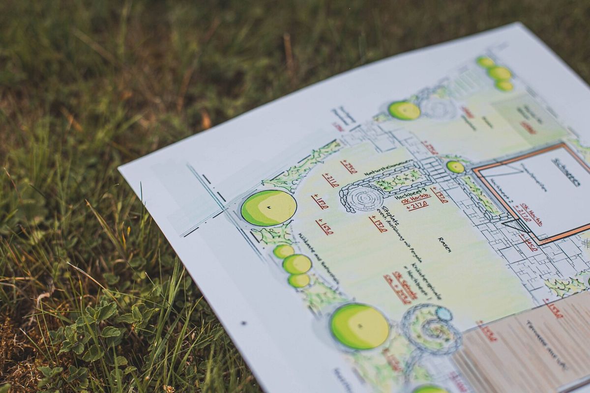 Ein Teil eines Architektenplans für einen Garten auf der Wiese