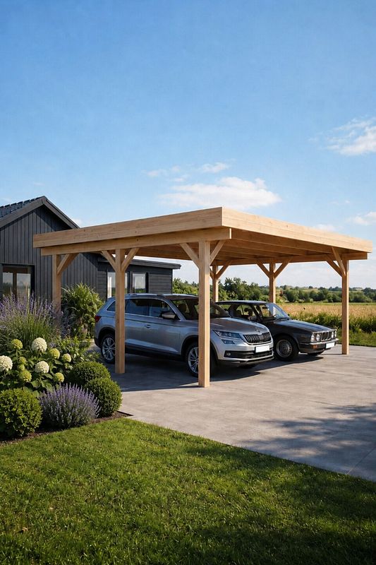 Heller Holz-Carport mit modernem, flachem Dach und zwei Autos