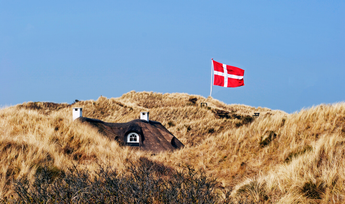 Reetdachhaus zwischen Dünen in Dänemark