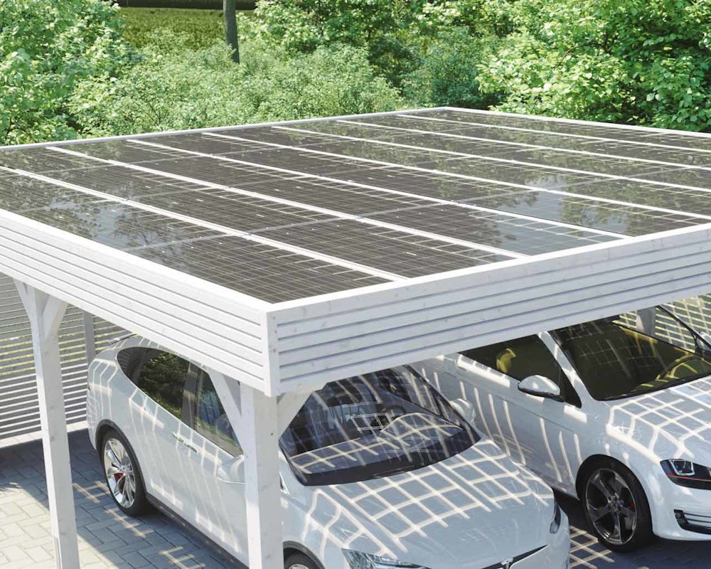 Skan Holz Solardachcarport Doppel weiß Solardach des Skanholz Doppelcarport