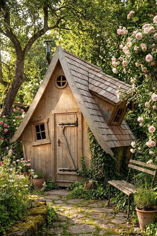 Kleines Hexenhaus mit spitzem Dach und Rosenstrauch im Garten