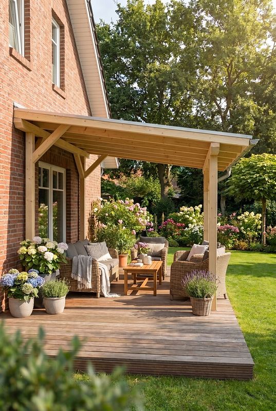 Terrassenüberdachung aus naturbelassenem Holz über einer Lounge