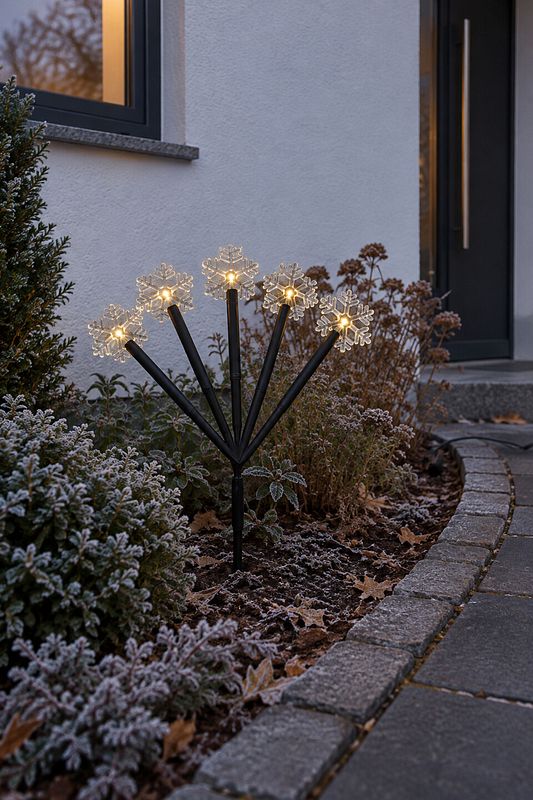 Eine Spießleuchte mit 5 LED Schneeflocken im Blumenbeet neben einer Haustüre