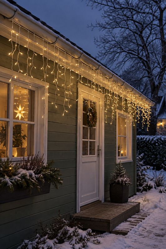 Ein LED Lichtvorhang an einer Dachrinne an der Vorderseite eines Hauses