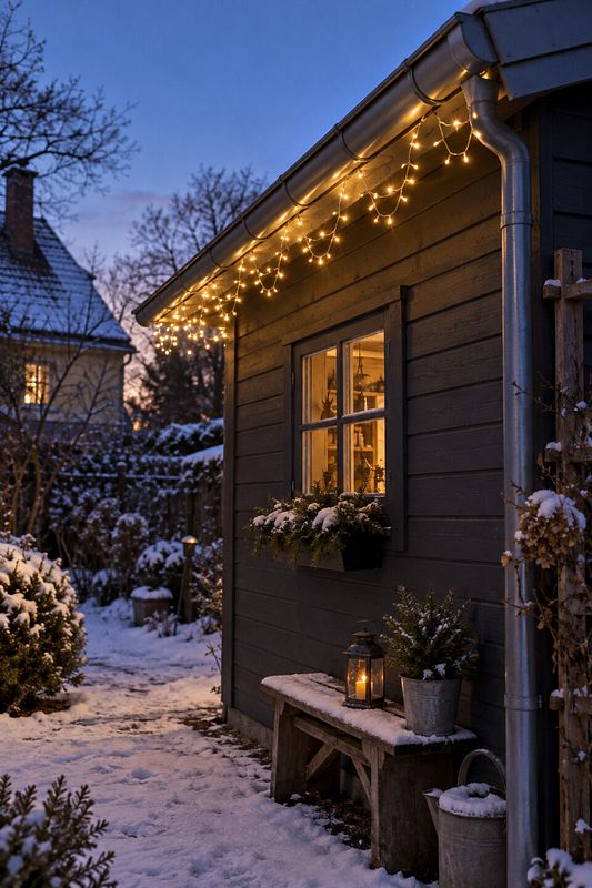 Warmweiße Weihnachtslichter an der Dachkante sorgen für eine ruhige Abendstimmung