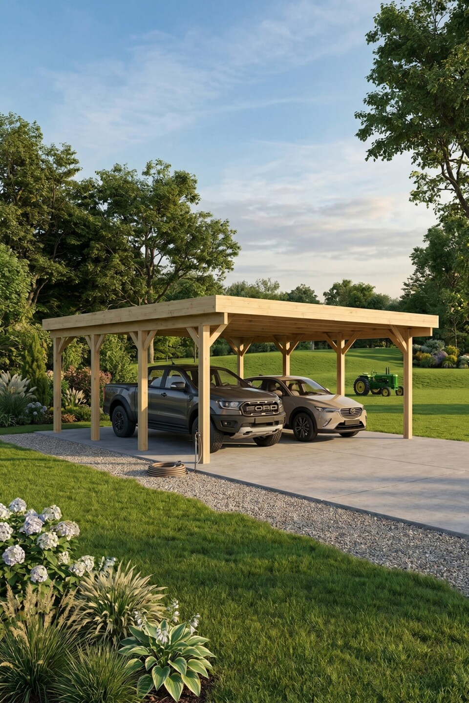 Freistehender Carport aus Holz mit zwei parkenden Autos