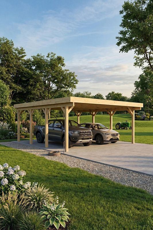 Freistehender Carport aus Holz mit zwei parkenden Autos