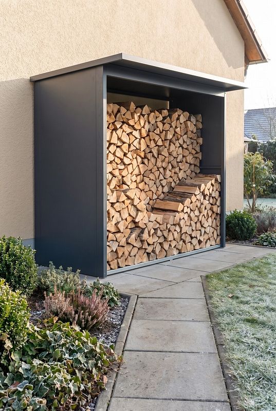 Ein geräumiges Metall-Brennholzlager schützt Holzscheite an der Hauswand