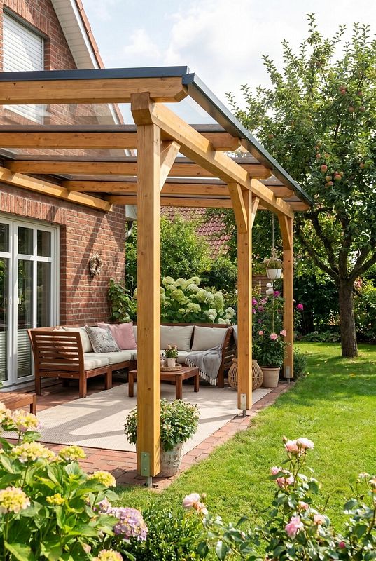 Eichefarbene Holzbalken geben der Terrassenüberdachung eine warme Optik