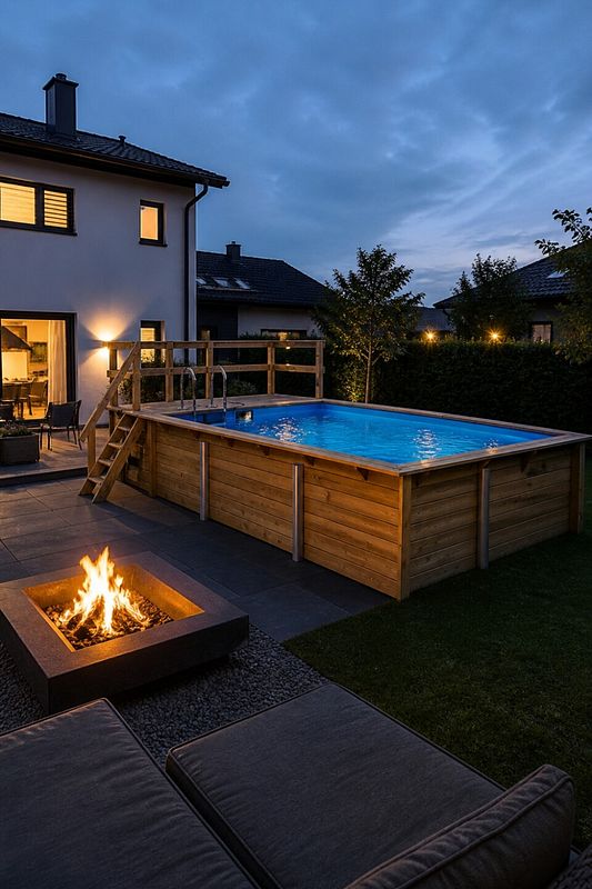 Aufstellpool bei Dämmerung neben Feuerstelle im Garten