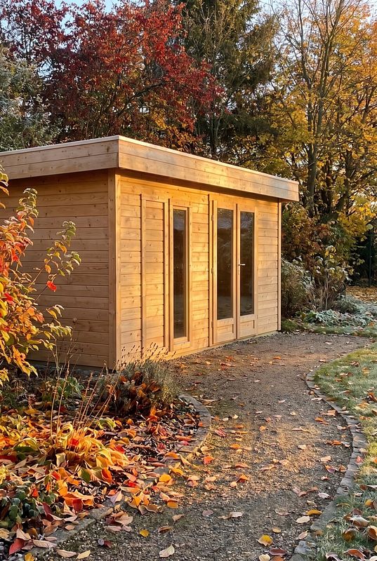 Großes Saunahaus mit Flachdach fügt sich in den herbstlichen Garten ein