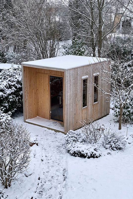 Gartensauna in Elementbauweise setzt mit Flachdach und Glasfront moderne Akzente
