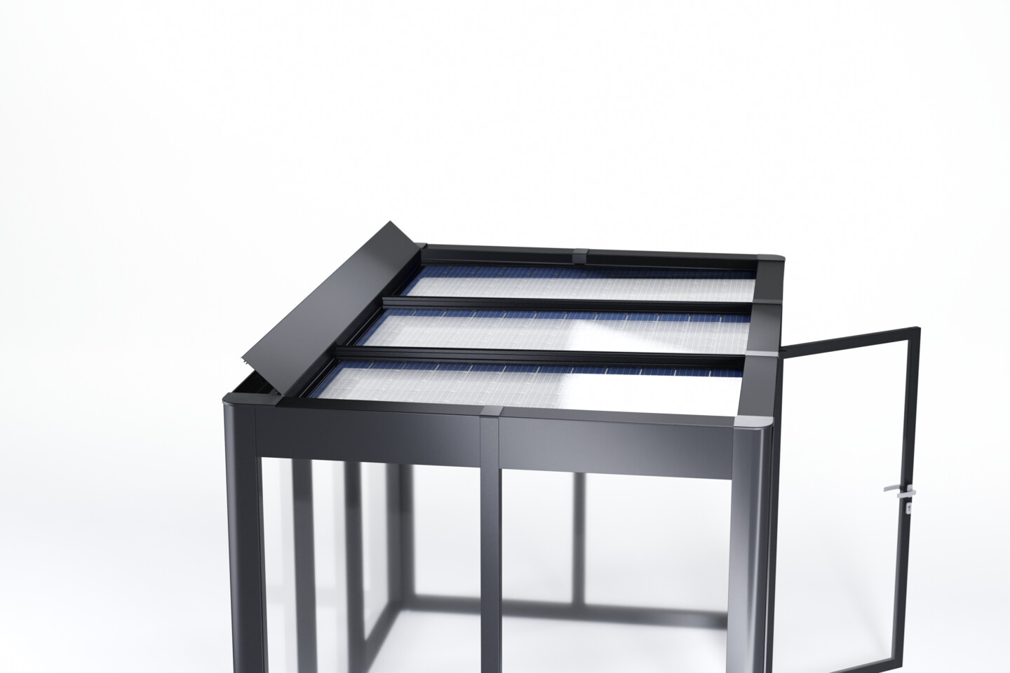 Gartenhausdach mit Photovoltaik-Modulen und Lüftung