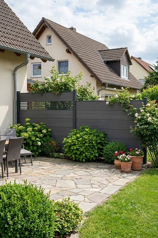 Dunkelgrauer Sichstchutz an Terrasse davor große Hortensien