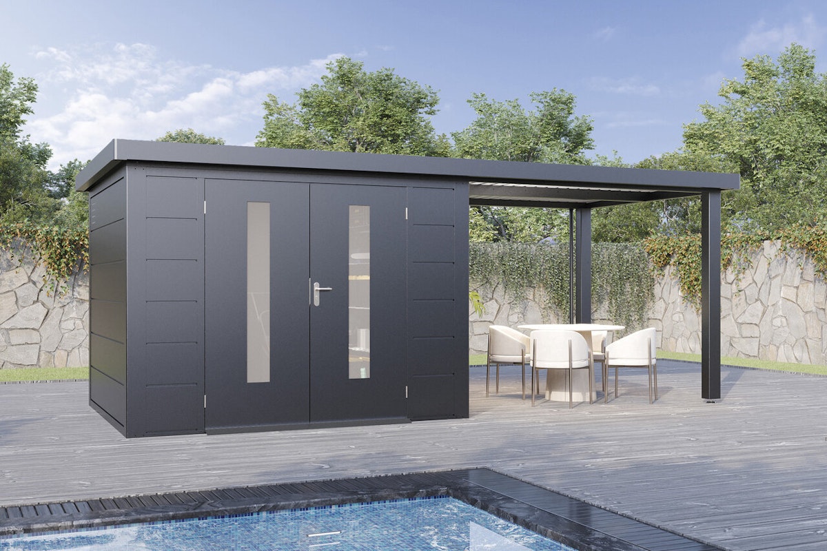 Metallgerätehaus von Wolff Finnhaus mit Seitenanbau Metall Gerätehaus am Pool