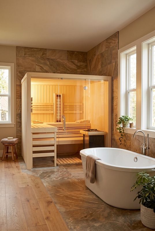 Moderne Innensauna mit großer Glasfront und hellem Holz