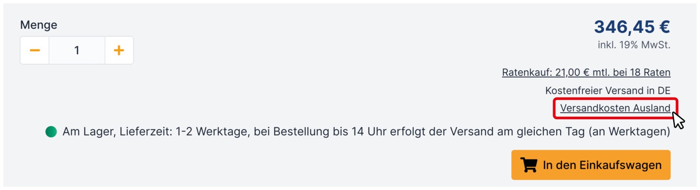 Auslandsversandkosten Produktseite Versandkosten ins Ausland
