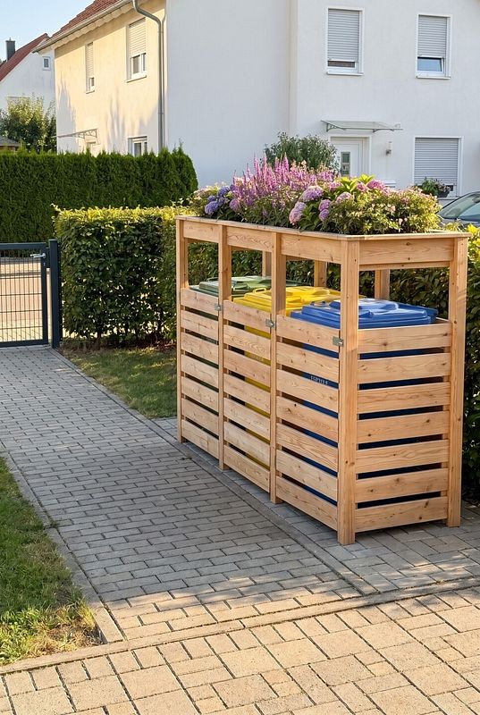Eine Mülltonnenbox aus Holz wird durch ein bepflanztes Dach begrünt.