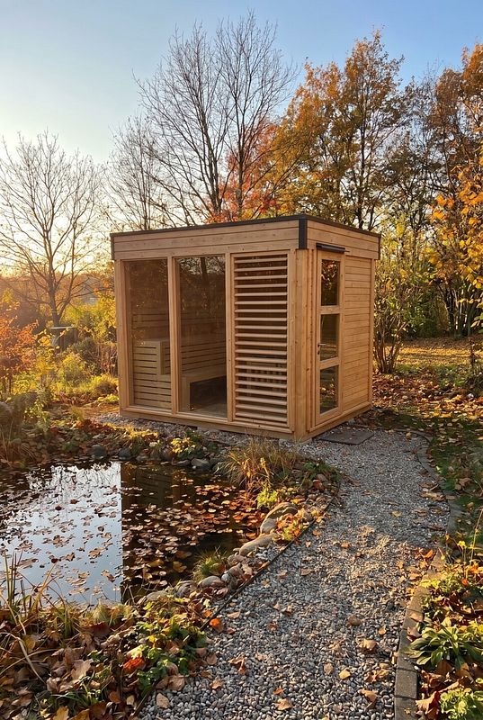 Großflächige Glasfronten öffnen die Gartensauna zum herbstlichen Teich