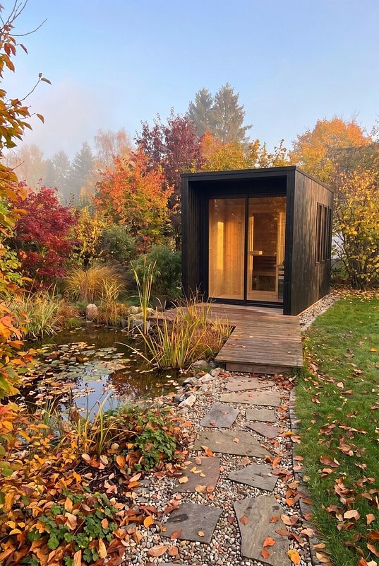 Schwarze Gartensauna setzt mit ihrer Glasfront einen modernen Akzent am Gartenteich
