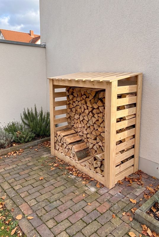An der weißen Hauswand lagert ein helles Holzregal Brennholz