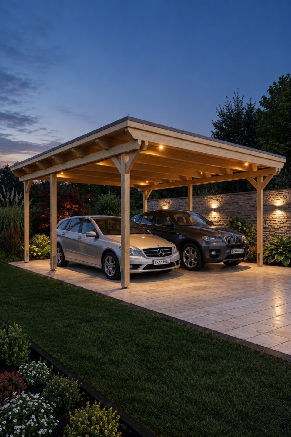 Beleuchteter Holz-Carport mit zwei Autos, Steinmauer, Beeten und Bäumen bei Dämmerung