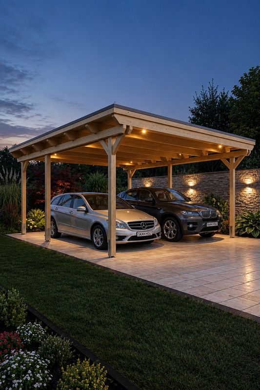 Beleuchteter Holz-Carport mit zwei Autos, Steinmauer, Beeten und Bäumen bei Dämmerung