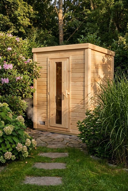 Kompakte Mini-Sauna aus Holz ergänzt den dicht bepflanzten Garten