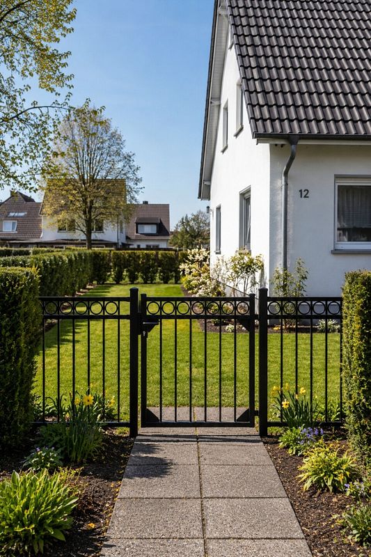 Zierzaun aus schwarzem Metall mit kleinem Gartentor