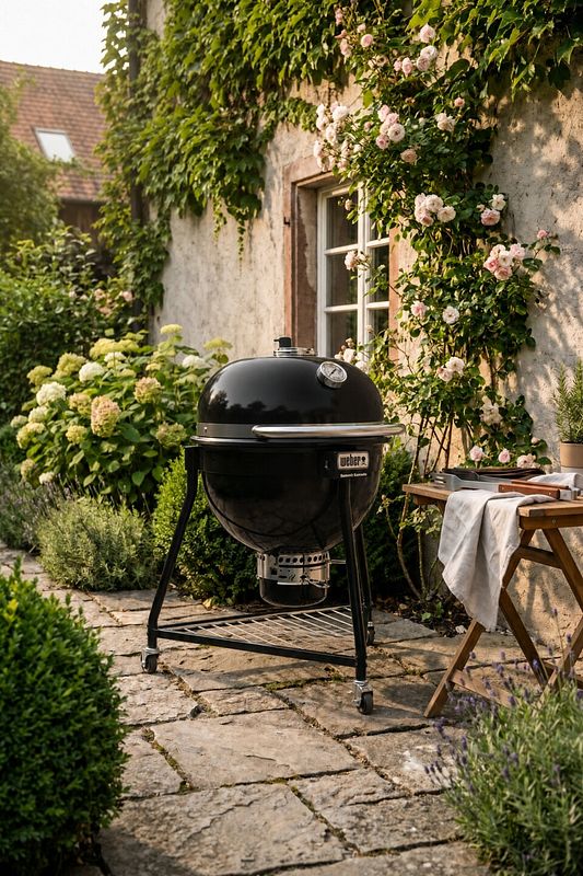 Kleine Grillecke mit Klapptisch an der Hauswand