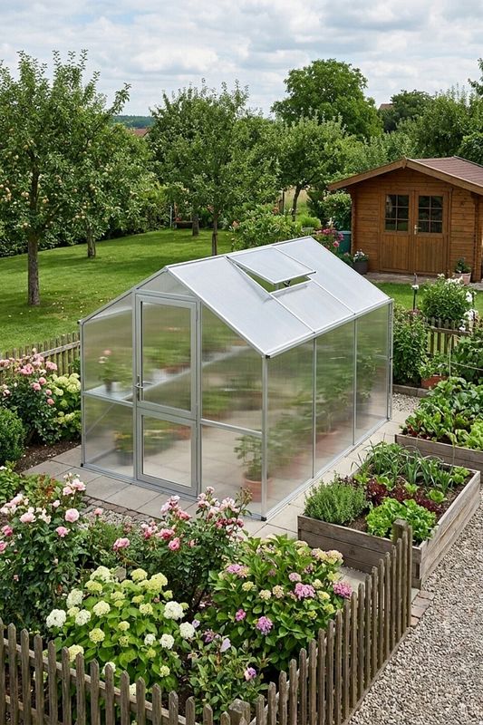 Hell gerahmtes Gewächshaus im Garten