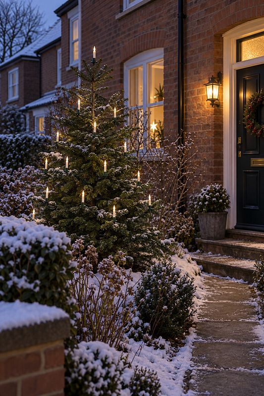 Beleuchteter Tannenbaum vor einem Hauseingang in der Weihnachtszeit
