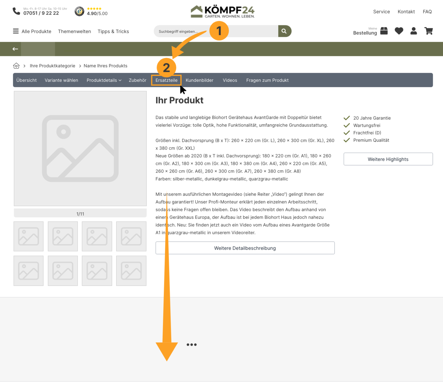Scrollen Sie auf der Produktdetailseite nach unten zum reiter "Ersatzteile"